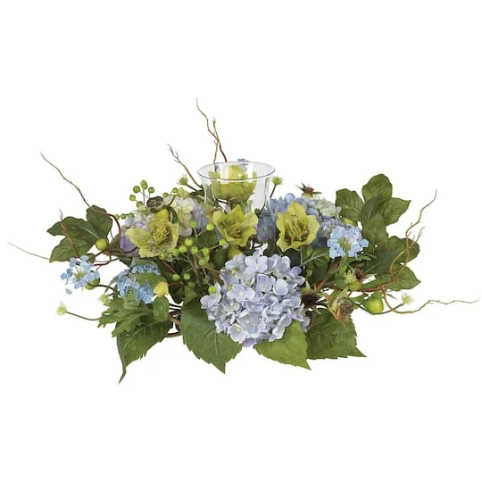 9" Blue Hydrangea Candelabrum Centerpiece 3 9" Blue Hydrangea Candelabrum Centerpiece