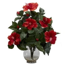 17" Red Hibiscus Silk Flower Arrangement In Fluted Vase