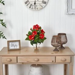 17" Red Hibiscus Silk Flower Arrangement In Fluted Vase -Flowers Michael Store D251399S 12