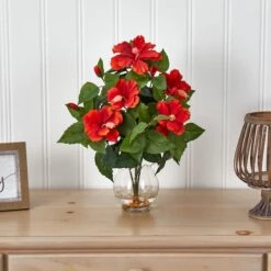 17" Red Hibiscus Silk Flower Arrangement In Fluted Vase -Flowers Michael Store D251399S 13