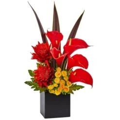 22.5" Red & Orange Tropical Floral & Calla Lily Mixed Arrangement In Vase