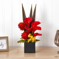 22.5" Red & Orange Tropical Floral & Calla Lily Mixed Arrangement In Vase -Flowers Michael Store D251401S 13