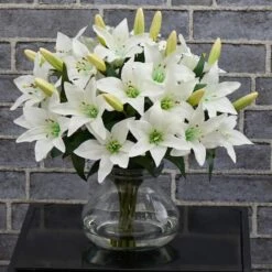 16" White Lily Silk Arrangement With Glass Vase -Flowers Michael Store D251407S 14
