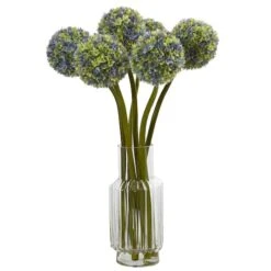 2.5ft. Blue & Green Ball Flower Arrangement In Glass Vase -Flowers Michael Store D251413S 1 1
