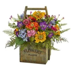 15" Mixed Floral Arrangement In Wood Basket