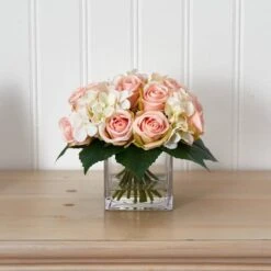 9" Pink Rose & Hydrangea Bouquet Arrangement In Vase -Flowers Michael Store D251451S 13