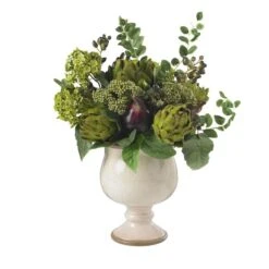 15" Artichoke & Hydrangea Arrangement In White Ceramic