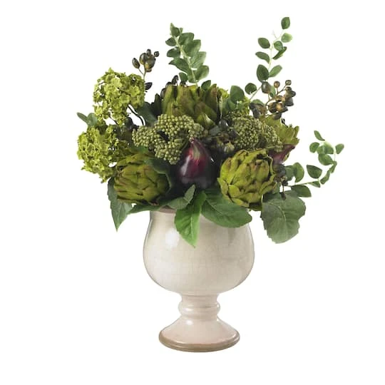 15" Artichoke & Hydrangea Arrangement In White Ceramic 3 15" Artichoke & Hydrangea Arrangement In White Ceramic