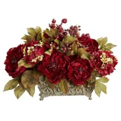 18" Red Peony & Hydrangea Arrangement In Decorative Planter
