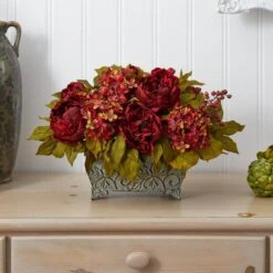 18" Red Peony & Hydrangea Arrangement In Decorative Planter 15 18" Red Peony & Hydrangea Arrangement In Decorative Planter -Flowers Michael Store D251495S 14