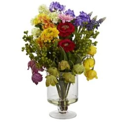 16" Spring Floral Arrangement In Glass Vase