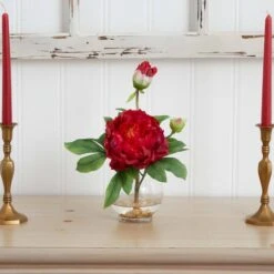 13.5" Red Peony Arrangement In Fluted Vase -Flowers Michael Store D251512S 12