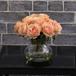 11" Peach Rose Arrangement With Clear Glass Vase -Flowers Michael Store D251534S 13