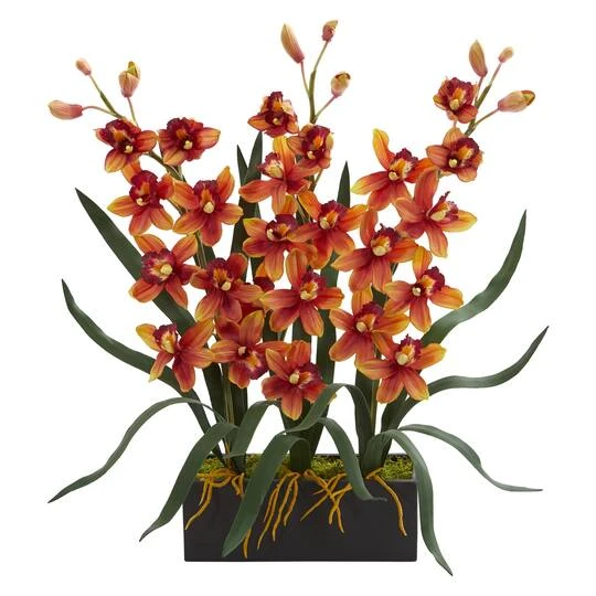 2ft. Red & Orange Orchid Arrangement In Black Vase 3 2ft. Red & Orange Orchid Arrangement In Black Vase
