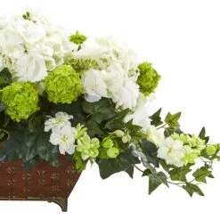 15.5" White Hydrangea & Ivy Arrangement In Metal Planter -Flowers Michael Store D251585S 13