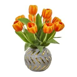 15" Orange Tulip Arrangement In Decorative Ceramic Vase