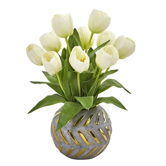 15" White Tulip Arrangement In Decorative Ceramic Vase 4 15" White Tulip Arrangement In Decorative Ceramic Vase - Image 2