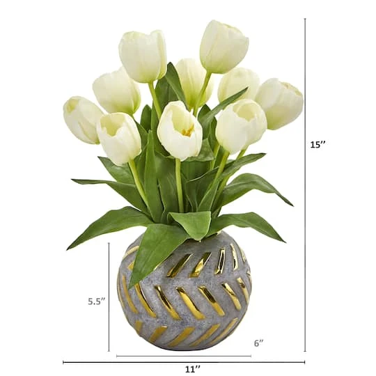 15" White Tulip Arrangement In Decorative Ceramic Vase 5 15" White Tulip Arrangement In Decorative Ceramic Vase - Image 3