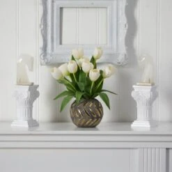 15" White Tulip Arrangement In Decorative Ceramic Vase 10 15" White Tulip Arrangement In Decorative Ceramic Vase -Flowers Michael Store D251602S 13