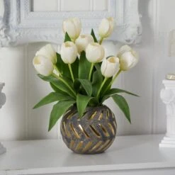 15" White Tulip Arrangement In Decorative Ceramic Vase 11 15" White Tulip Arrangement In Decorative Ceramic Vase -Flowers Michael Store D251602S 14