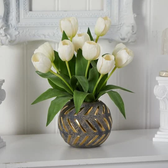 15" White Tulip Arrangement In Decorative Ceramic Vase 7 15" White Tulip Arrangement In Decorative Ceramic Vase - Image 5