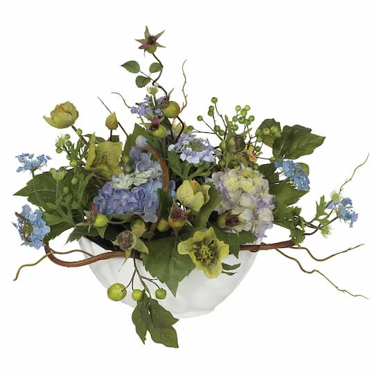14" Blue Hydrangea Centerpiece In White Ceramic Bowl 3 14" Blue Hydrangea Centerpiece In White Ceramic Bowl