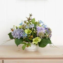 14" Blue Hydrangea Centerpiece In White Ceramic Bowl 12 14" Blue Hydrangea Centerpiece In White Ceramic Bowl -Flowers Michael Store D251613S 14