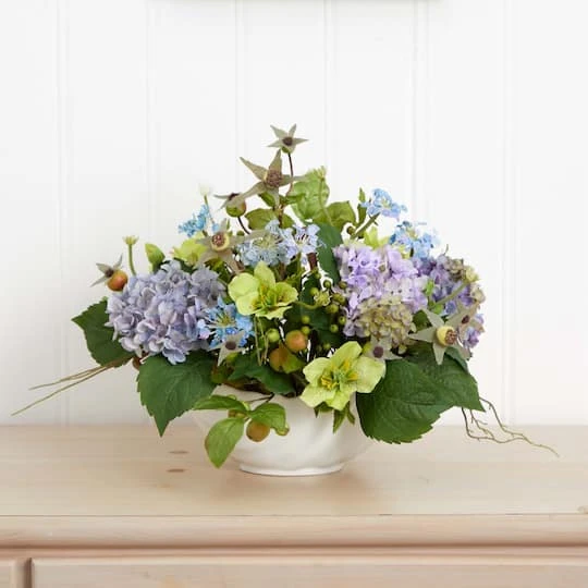 14" Blue Hydrangea Centerpiece In White Ceramic Bowl 7 14" Blue Hydrangea Centerpiece In White Ceramic Bowl - Image 5