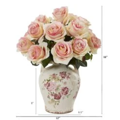 16" Pink Rose Arrangement In Flower Printed Vase -Flowers Michael Store D251616S 2