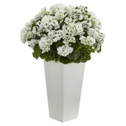 27" White UV Resistant Geranium Arrangement In White Planter