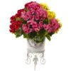 18.5" Yellow, Red & Pink UV Resistant Geranium Arrangement With White Metal Planter