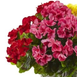 18.5" Yellow, Red & Pink UV Resistant Geranium Arrangement With White Metal Planter -Flowers Michael Store D251833S 12