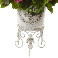 18.5" Yellow, Red & Pink UV Resistant Geranium Arrangement With White Metal Planter -Flowers Michael Store D251833S 13