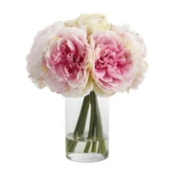 11" Pink Peony Bouquet In Glass Vase -Flowers Michael Store D262035S 1 1