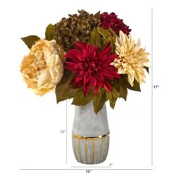 17" Peony, Hydrangea & Dahlia Arrangement In Stoneware Vase With Gold Trimming -Flowers Michael Store D262047S 2