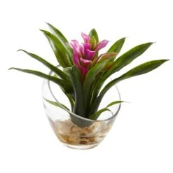 8" Purple Tropical Bromeliad Arrangement In Angled Vase