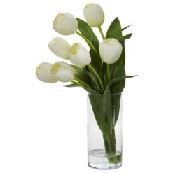 16" White Tulip Arrangement In Cylinder Vase