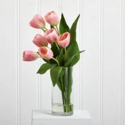 16" Pink Tulip Arrangement In Cylinder Vase -Flowers Michael Store D262087S 13