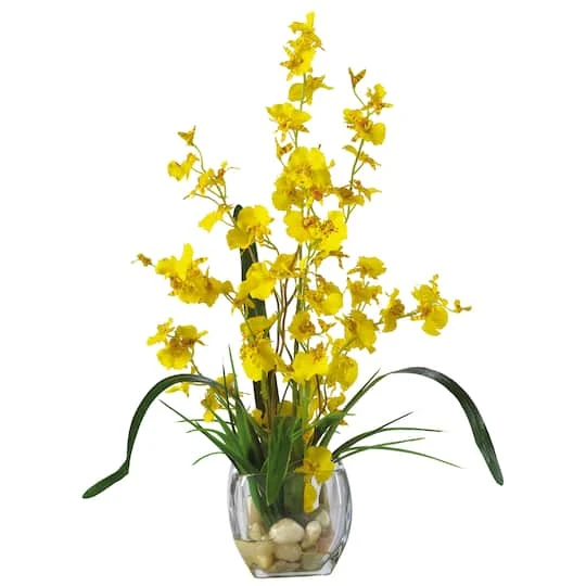 19" Yellow Dancing Lady Orchid Arrangement In Glass Vase 4 19" Yellow Dancing Lady Orchid Arrangement In Glass Vase - Image 2