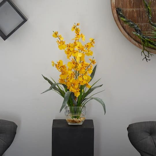 19" Yellow Dancing Lady Orchid Arrangement In Glass Vase 7 19" Yellow Dancing Lady Orchid Arrangement In Glass Vase - Image 5