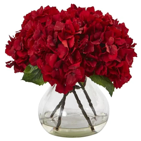 8.5" Red Hydrangea Arrangement In Glass Vase 4 8.5" Red Hydrangea Arrangement In Glass Vase - Image 2
