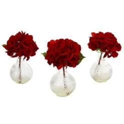 12" Red Hydrangea Arrangement With Glass Vase, 3ct. -Flowers Michael Store D262176S 1 1