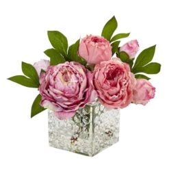 8.5" Pink Peony In Square Textured Glass Vase -Flowers Michael Store D262178S 11 1
