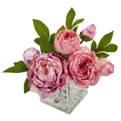 8.5" Pink Peony In Square Textured Glass Vase -Flowers Michael Store D262178S 12