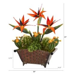 21" Bird Of Paradise & Cactus Plant In Metal Planter -Flowers Michael Store D262359S 2