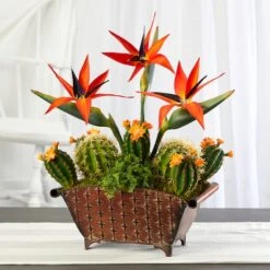 21" Bird Of Paradise & Cactus Plant In Metal Planter -Flowers Michael Store D262359S 3