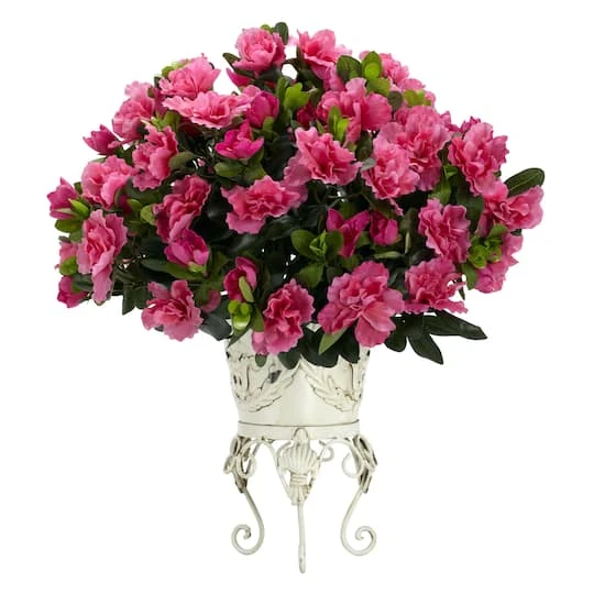 19" Pink Azalea With White Metal Planter 3 19" Pink Azalea With White Metal Planter