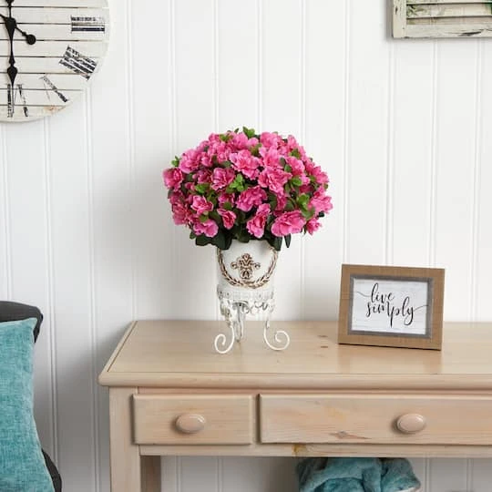 19" Pink Azalea With White Metal Planter 7 19" Pink Azalea With White Metal Planter - Image 5
