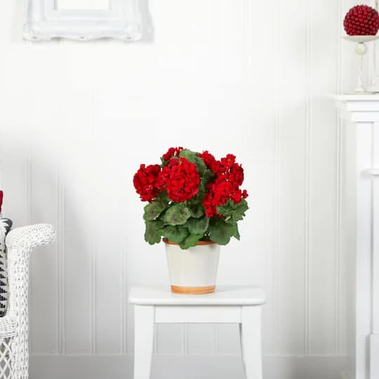 17" Red Geranium In White Decorative Pot 6 17" Red Geranium In White Decorative Pot - Image 4