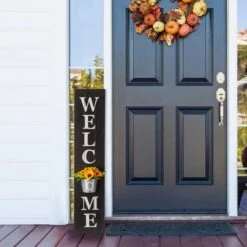 Glitzhome® 42" Wooden Black Welcome Porch Sign With Metal Planter -Flowers Michael Store D266591S 14